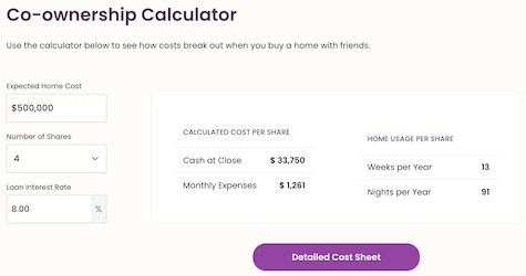 Screenshot of Co-Ownership and Fractional Ownership Calculator for vacation homes
