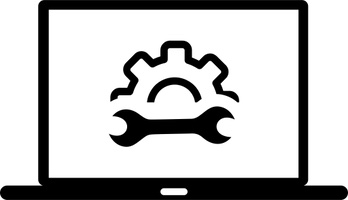 Co-ownership digital tools icon in black and white highlighting a wrench and gear on a laptop