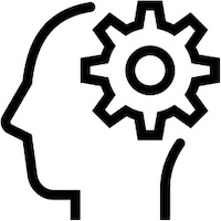 Co-ownership expertise icon in black and white showing a head outline with a gear overlay