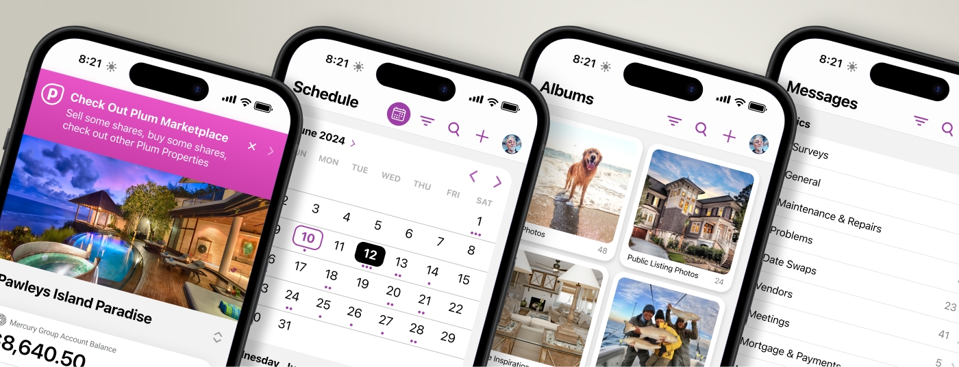 PlumConnect Features Home, Calendar, Photos, Messages